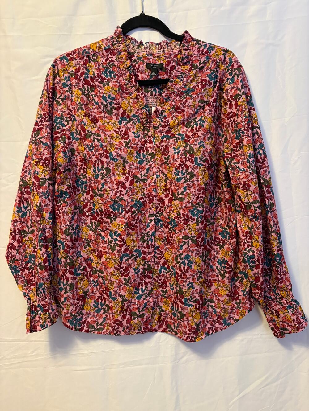 New Talbots Floral Ruffle Blouse Top Pink Yellow Autumn Leaf Long Sleeve Sz XLP